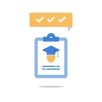 Education program, graduation hat and clipboard, check knowledge, exam prepar Ilustración de archivo