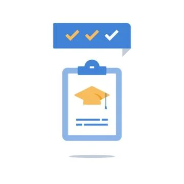 Education program, graduation hat and clipboard, check knowledge, exam prepar Stock Illustration