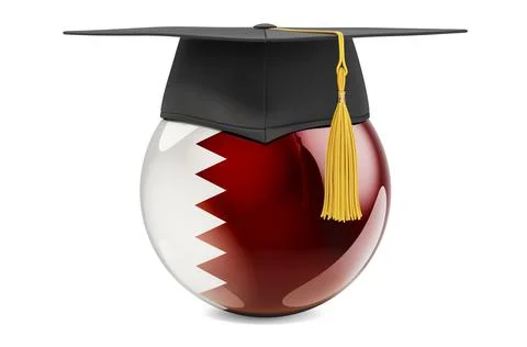 Education in Qatar concept. Qatari flag with graduation cap, 3D rendering Stock Illustration
