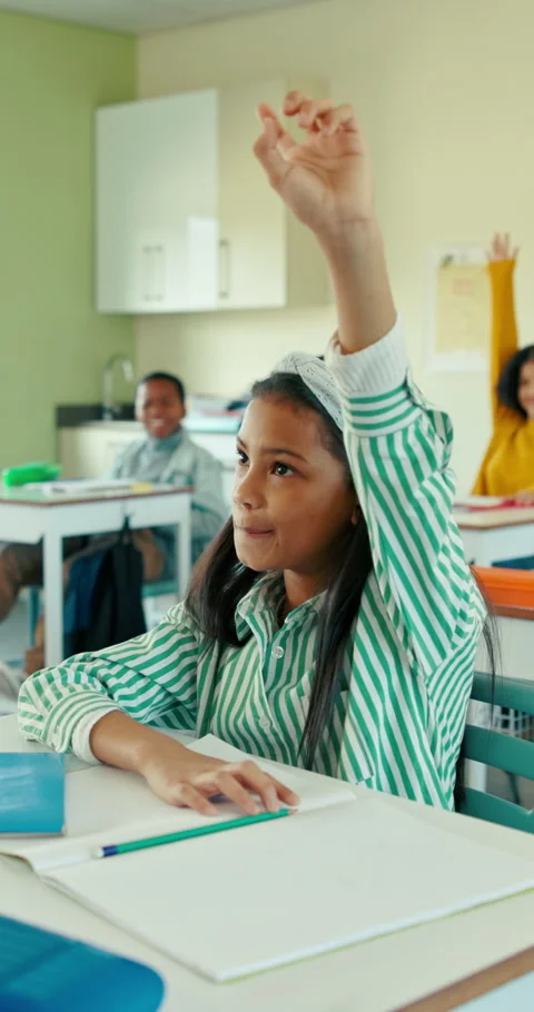 Education, raised hand and lesson with girl in classroom for learning, knowledge Stock Footage 321938969