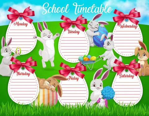 Education school timetable cartoon Easter bunnies Stock Illustration