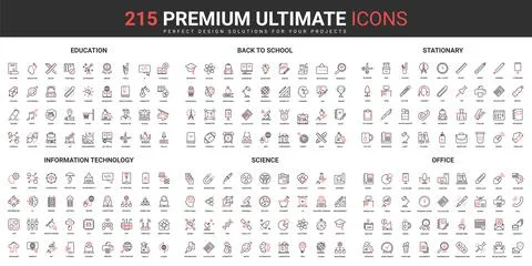 Education, science and information thin line red black icons set, office and Stock Illustration