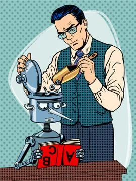 Education scientist teacher robot student Stock Illustration