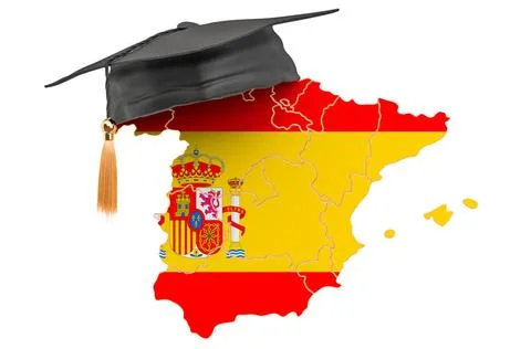 Education in Spain concept. Spanish map with graduate cap, 3D rendering Ed... Stock Photos