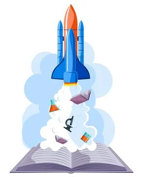 Education startup, rocket launch from book Illustrazione stock