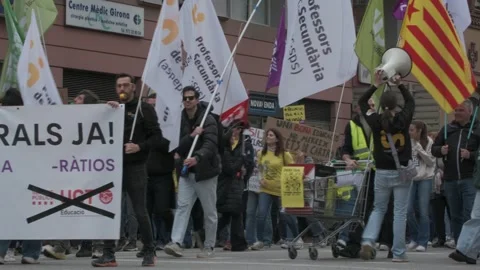 Education Strike March with Main Banner in Girona Stock Footage 331100596