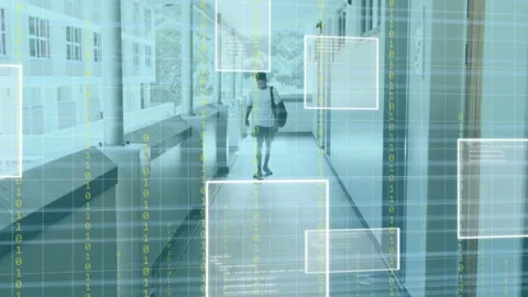 Education student appearing far end, walking toward classroom while HUD data Stock Footage 334321967