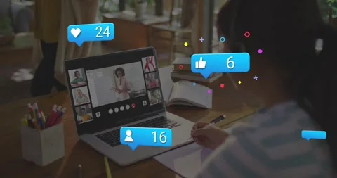 Education student noting at laptop on call, icons popping as faces reacting, Stock Footage 330195401