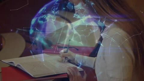 Education student scribbling diagrams on notebook as holographic mesh evolving Video stock 327958427