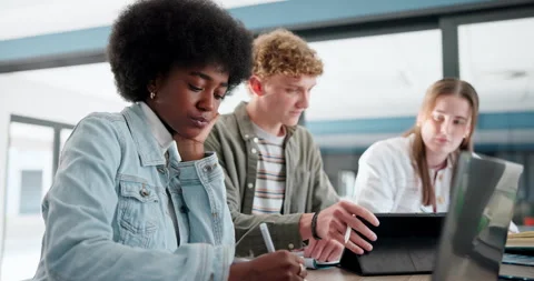 Education, study group and tablet with student friends in library of college or Stock Footage 280893288