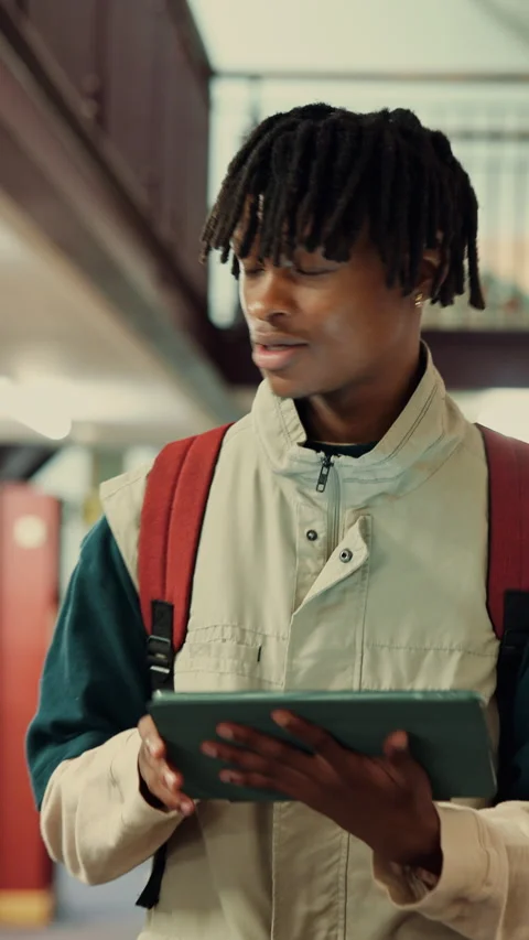 Education, tablet and walking with black man in library for development, study Stock Footage 335929566