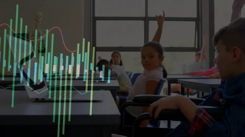 Education teacher asking question by skeleton, laptop, students raising hands Stock Footage 316191347