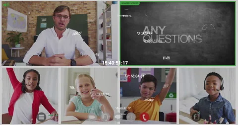 Education teacher teaching coding as chalkboard morphing into questions and Stock Footage 309895627