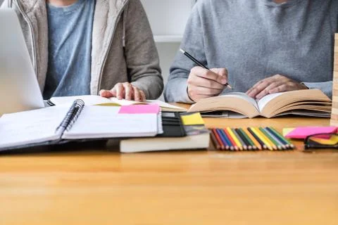 Education, teaching, learning concept. High school students or classmates gro Stock Photos