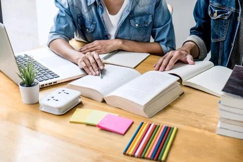 Education, teaching, learning concept. High school students or classmates gro Stock Photos