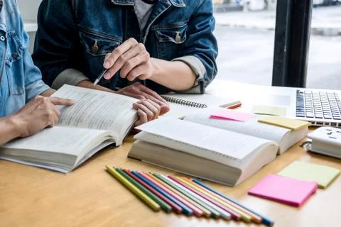 Education, teaching, learning concept. High school students or classmates gro Stock Photos