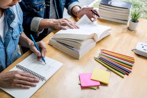 Education, teaching, learning concept. High school students or classmates gro Stock Photos