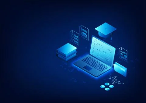 Education Technology Background, Computer with a Graduation Cap on Top Conv.. Иллюстрация