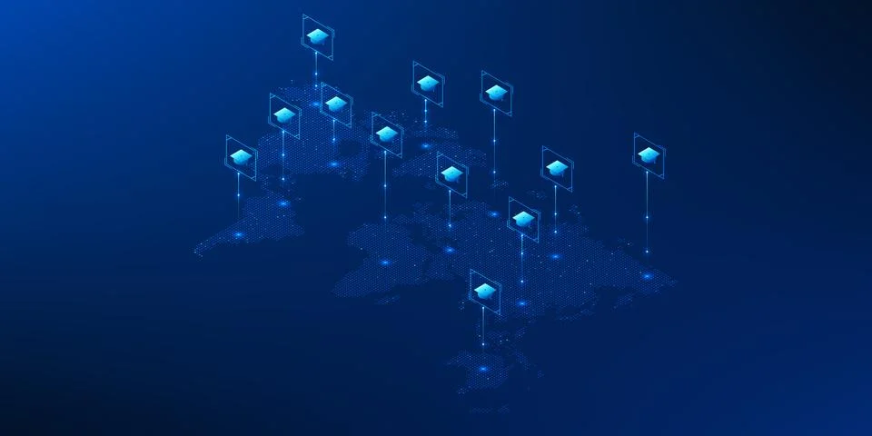 Education Technology Background, World Map with Graduation Cap, E-Learning .. 스톡 일러스트