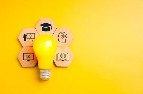 Education technology concept with light bulb and learning icons on yellow. .. Stock Photos