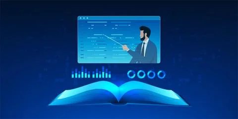 Education Technology: An open book with a window showing a person teaching,.. Stockillustratie