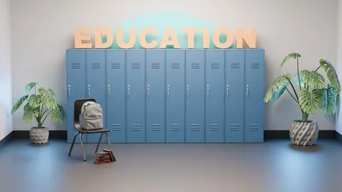 Education text with lockers, backpack and chair for school season theme Stock Illustration