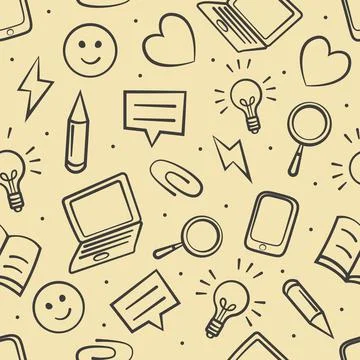 Education-themed seamless pattern featuring hand-drawn office icons - laptop, Stock Illustration