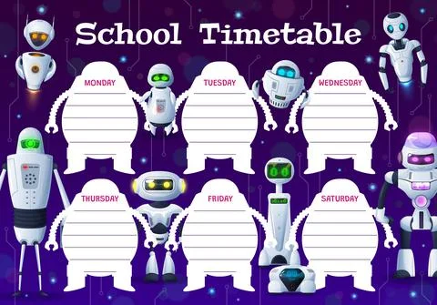 Education timetable schedule cartoon robots, bots Stock Illustration