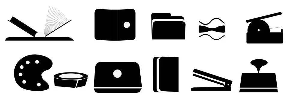 Education tools icon set showing book folder palette stapler and stamp Stock Illustration