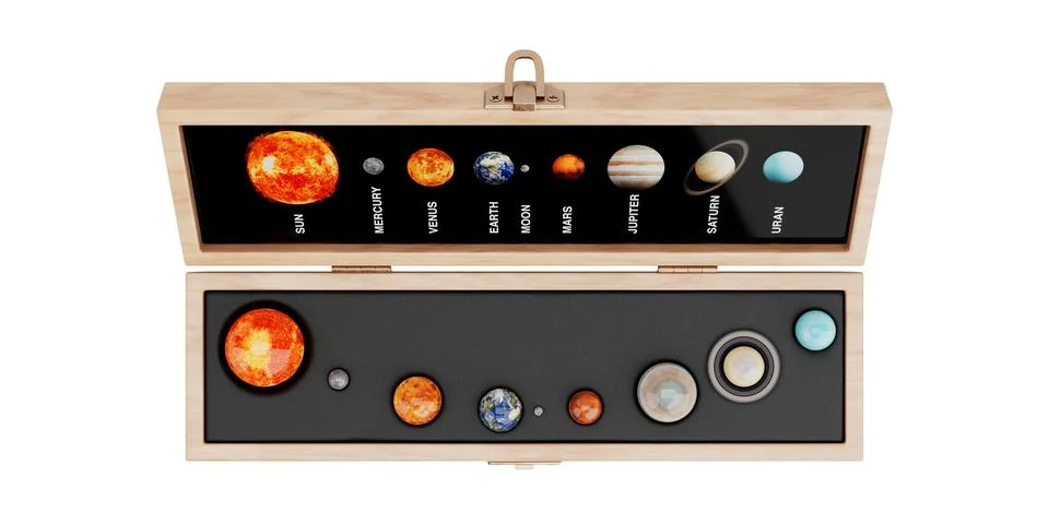 Education Training Model of the Solar System in Gift Wooden Box. 3d Rendering Ilustración de archivo
