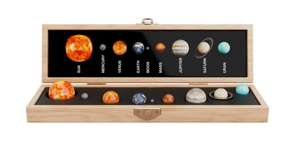 Education Training Model of the Solar System in Gift Wooden Box. 3d Rendering Ilustración de archivo