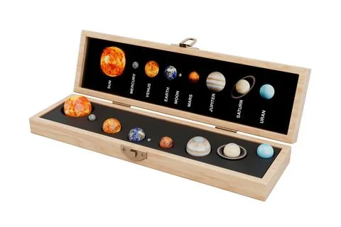 Education Training Model of the Solar System in Gift Wooden Box. 3d Rendering Ilustración de archivo