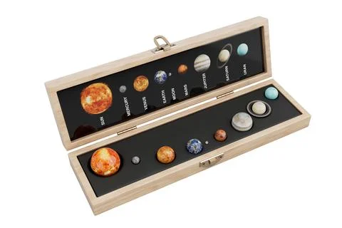 Education Training Model of the Solar System in Gift Wooden Box. 3d Rendering Ilustración de archivo