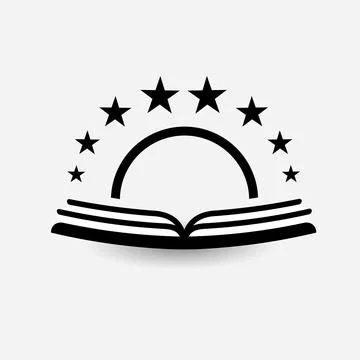 Education vector logo. Open book, dictionary, textbook or notebook with sunrise Stock Illustration