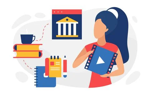 Education video tutorials, webinar for studying of woman student, video player イラスト素材