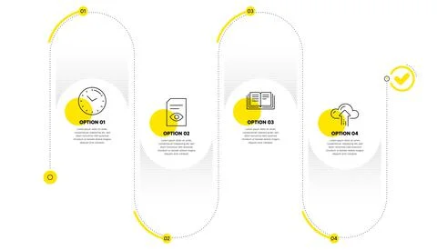 Education, View document and Time icons set. Cloud upload sign. Instruction book Stock Illustration