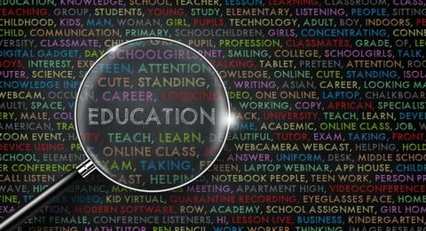 EDUCATION word cloud collage on black board. Stock Illustration