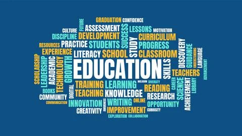 Education Word Cloud Vector Illustration with Academic Keywords on Blue Bac.. Stock Illustration
