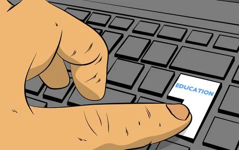 Education word on computer keyboard. Man push keypad on laptop. Comic book st Illustrazione stock
