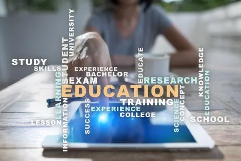 Education words cloud on the virtual screen. Stock Illustration