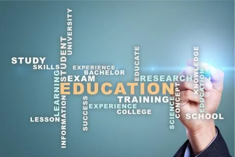Education words cloud on the virtual screen. Stock Illustration