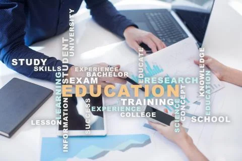 Education words cloud on the virtual screen. Stock Illustration