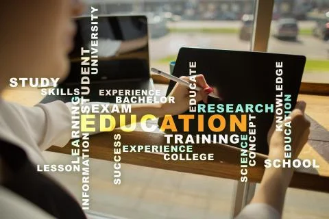 Education words cloud on the virtual screen 스톡 사진