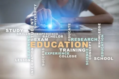 Education words cloud on the virtual screen. Stockfoto's