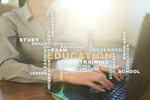 Education words cloud on the virtual screen. Stock-Fotos