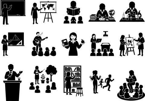 Educational Activities and Classroom Learning Icons Set in Flat Vector Style 스톡 일러스트