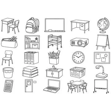 Educational Activity Icons Representing Classroom Supplies and School Furni.. Stock Illustration