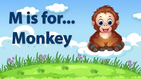 Educational Alphabet Animation with Cartoon Monkey Floating on Cloud Background Stock Footage 340381915
