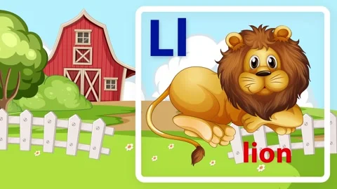 Educational Alphabet Animation Featuring Cartoon Lion and Farm Background Stock Footage 341378466
