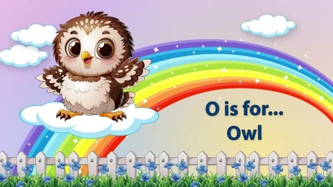 Educational Alphabet Animation Featuring Cartoon Owl and Rainbow Background Stock Footage 342315943